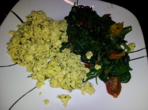 Here's the sauteed greens with the heirloom tomatoes and scrambled egg beaters with fresh basil!