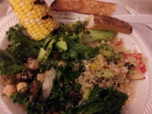 Grilled corn on the cob, Mediterranean kale salad, tropical quinoa salad, potato, almond broccoli.