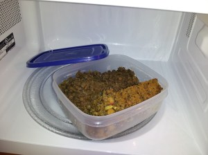 It may look gross, but it was delicious!  Pumpkin kibbee, mujadara and hummus! Vegan gluten free peanut butter chocolate chip cookies for dessert ;)